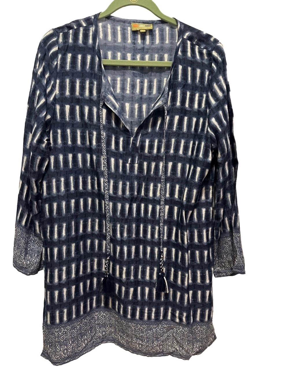 Rockflowerpaper Navy Patterned V-Neck Tunic with Tassel Ties